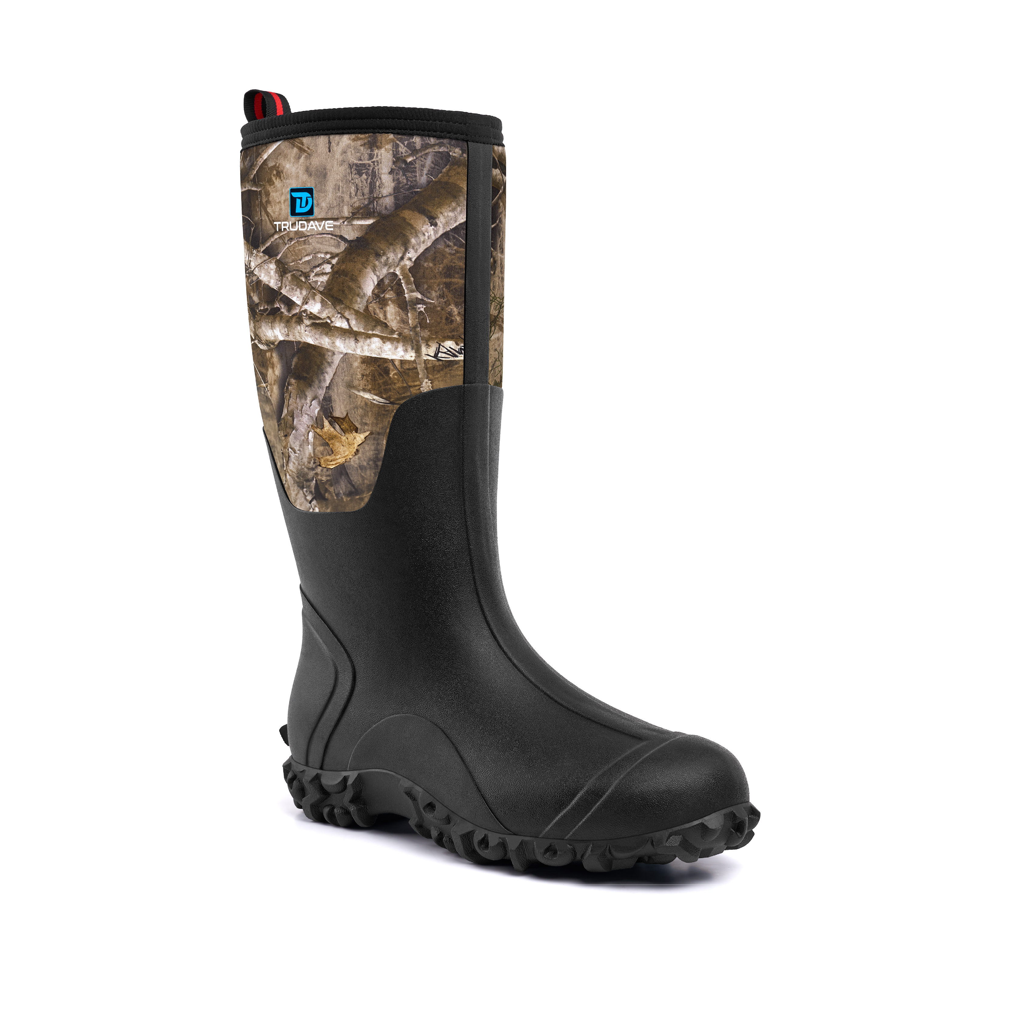 Side view of Trudave DryFlow Series tall waterproof rubber work boots – Kanati camo design highlighting rugged waterproof shell, slip-resistant sole, and durable traction for outdoor and farm work